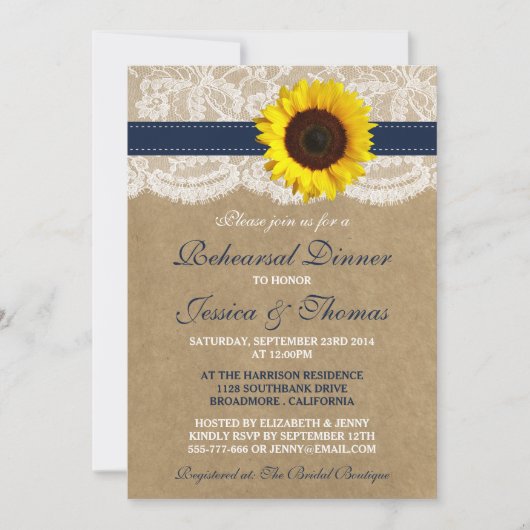 Rustic Sunflower Wedding Rehearsal Dinner - Navy Kaart (Voorkant)