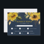 Rustic Sunflower Wedding RSVP met keuze uit maalti Kaartje<br><div class="desc">Prachtige RSVP- en maaltijdkeuzevaarten voor trouwencloure. Dit ontwerp is voorzien van een driedubbele blauw marinekleding met een bijtende zonnebloempitten,  foliage en faux gouden foliehartafwijking. Pas gewoon de datum aan door de verstrekte sjabloon te gebruiken. Overeenkomende trouwbenodigdheden beschikbaar.</div>