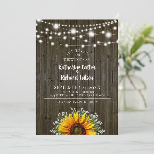 Rustic Sunflower Wedding Save the Date Kaart (Staand voorkant)