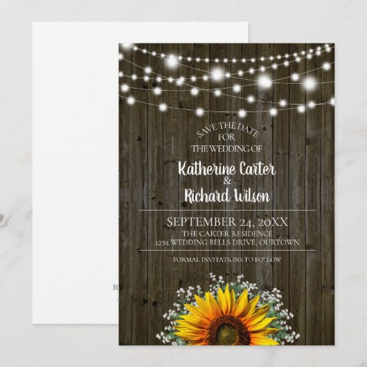 Rustic Sunflower Wedding Save the Date Kaart (Voorkant / Achterkant)
