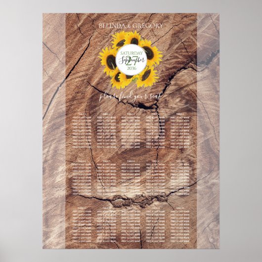 Rustic Sunflower Wedding Seating Chart Poster (Voorkant)