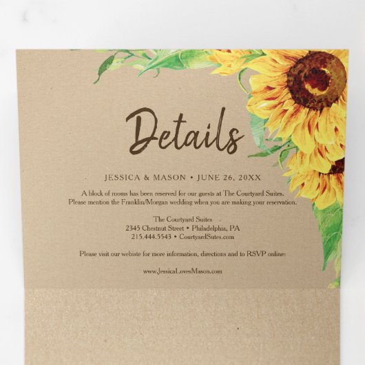 Rustic Sunflower Wedding Tri-Fold Uitnodigingen (Binnenzijde eerst)