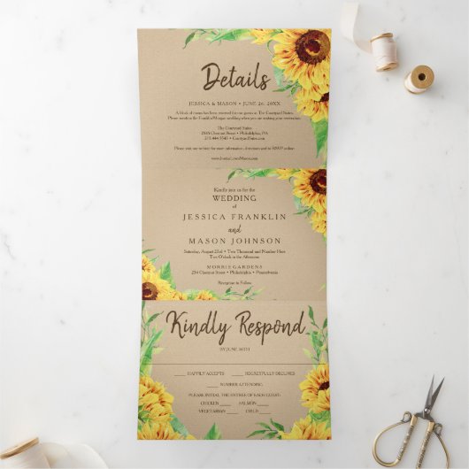 Rustic Sunflower Wedding Tri-Fold Uitnodigingen (Binnen)
