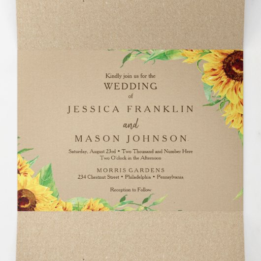 Rustic Sunflower Wedding Tri-Fold Uitnodigingen (Binnenkant midden)
