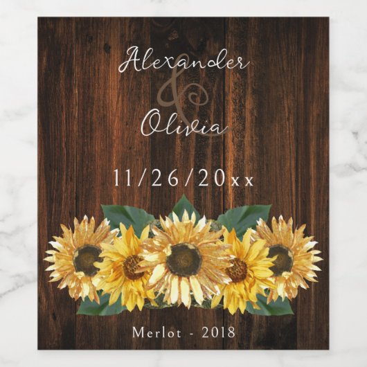 Rustic Sunflower Wedding Wine Label Wijn Etiket (Enkel label)