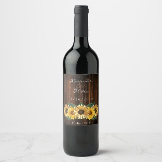 Rustic Sunflower Wedding Wine Label Wijn Etiket (Voorkant)