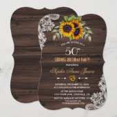 Rustic Sunflower Wood 50 Birthday Party Invite Kaart (Voorkant / Achterkant)