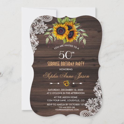 Rustic Sunflower Wood 50 Birthday Party Invite Kaart (Voorkant)