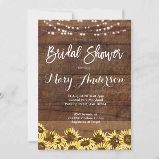 Rustic Sunflower Wood Bridal Shower Invitations Kaart (Voorkant)