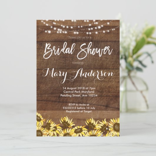 Rustic Sunflower Wood Bridal Shower Invitations Kaart (Staand voorkant)
