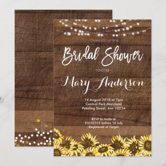 Rustic Sunflower Wood Bridal Shower Invitations Kaart (Voorkant / Achterkant)