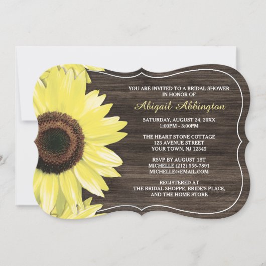 Rustic Sunflower Wood Bridal Shower Invitations Kaart (Voorkant)