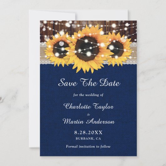 Rustic Sunflower Wood Lace String Lights Navy Blue Save The Date (Voorkant)
