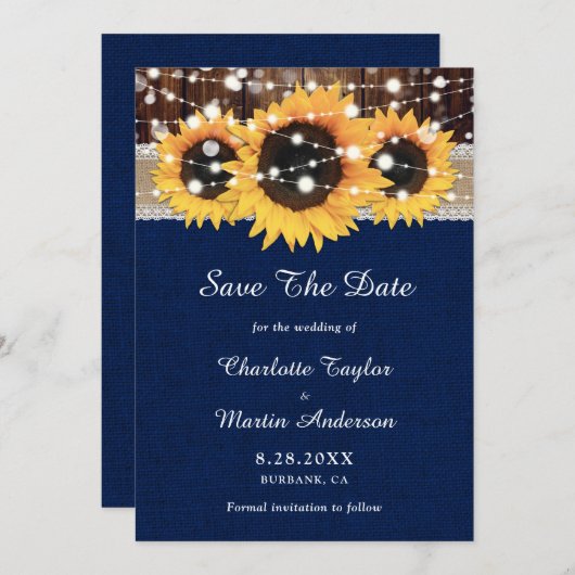 Rustic Sunflower Wood Lace String Lights Navy Blue Save The Date (Voorkant / Achterkant)