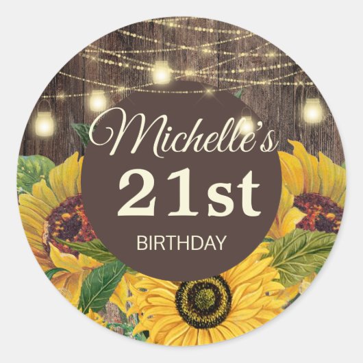 Rustic Sunflower Wood String Lights 21st Birthday Ronde Sticker (Voorkant)