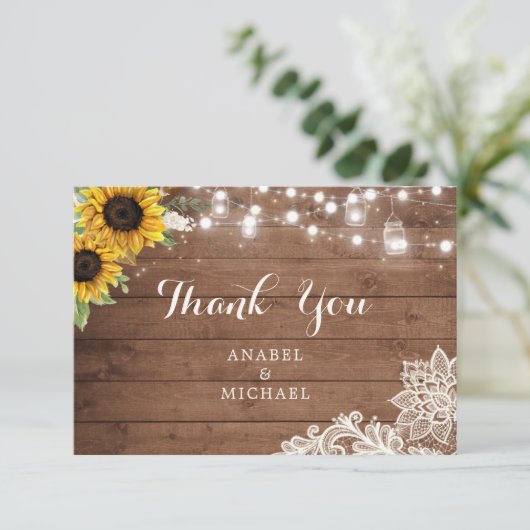 Rustic Sunflower Wood String Lights Lace Mason Jar Bedankkaart (Staand voorkant)