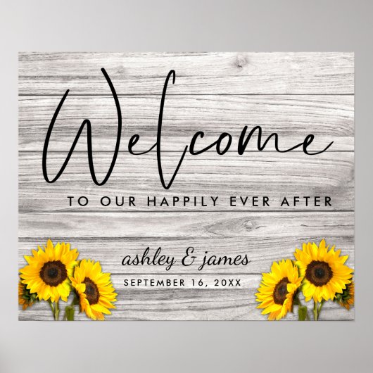 Rustic Sunflower Wood texture Wedding Welkom Poster (Voorkant)