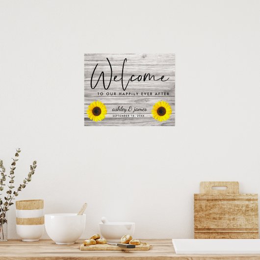Rustic Sunflower Wood texture Wedding Welkom Poster (Keuken)