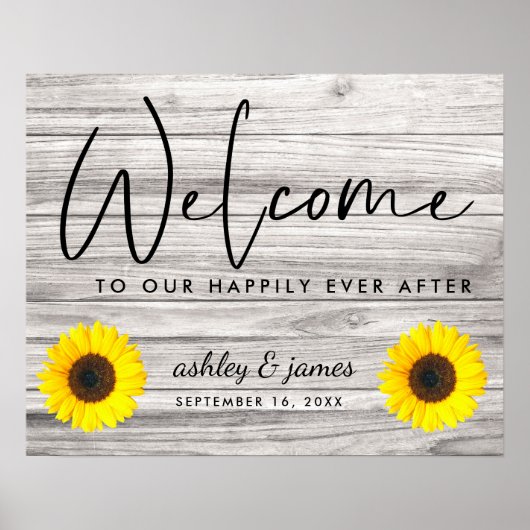 Rustic Sunflower Wood texture Wedding Welkom Poster (Voorkant)