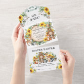 Rustic Sunflower Woodland Animals Baby shower All In One Uitnodiging (Afscheurbaar)