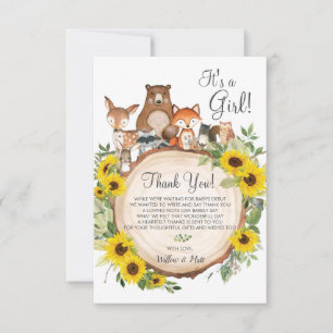 Rustic Sunflower Woodland Animals Baby shower Bedankkaart