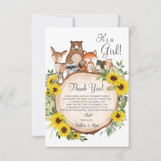 Rustic Sunflower Woodland Animals Baby shower Bedankkaart (Voorkant)