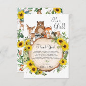 Rustic Sunflower Woodland Animals Baby shower Bedankkaart (Voorkant / Achterkant)