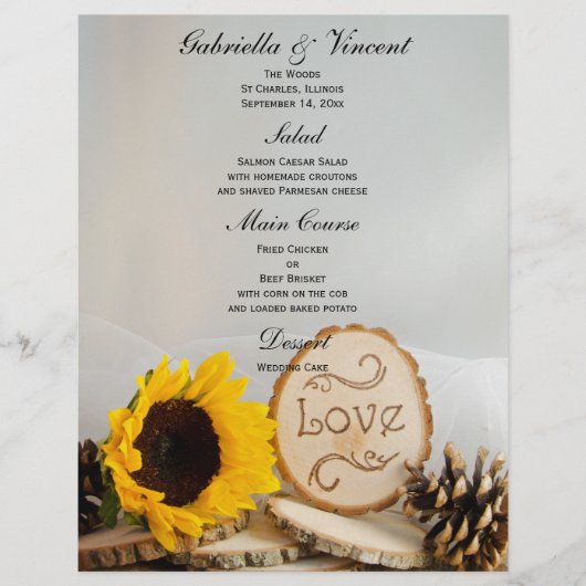 Rustic Sunflower Woodland Wedding Menu (Voorkant)