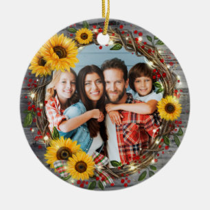 Rustic Sunflower Wreate Familie Foto Kerstmis Keramisch Ornament