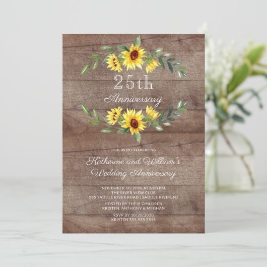 Rustic Sunflower Wreath 25th Jubileum Party Kaart (Staand voorkant)