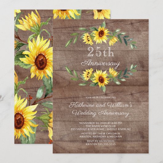 Rustic Sunflower Wreath 25th Jubileum Party Kaart (Voorkant / Achterkant)