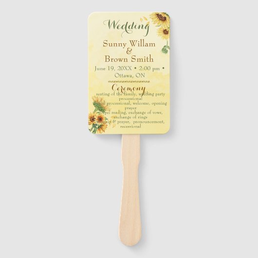 Rustic Sunflower Yellow Watercolor Wedding Program Handwaaier (Voorkant)