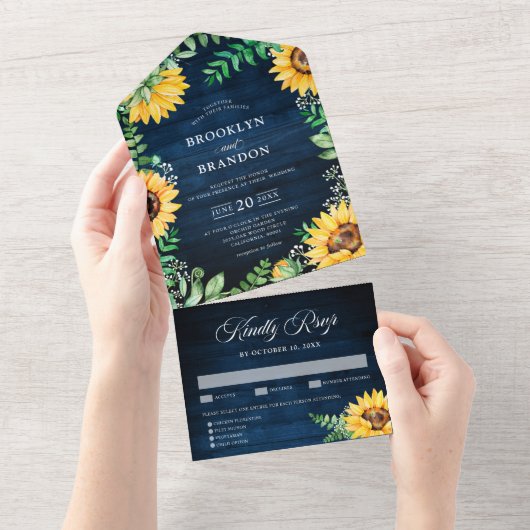 Rustic Sunflower's Breath Navy Blue Wedding All In One Uitnodiging (Afscheurbaar)