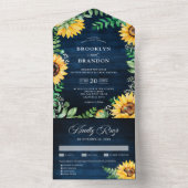 Rustic Sunflower's Breath Navy Blue Wedding All In One Uitnodiging (Binnen)