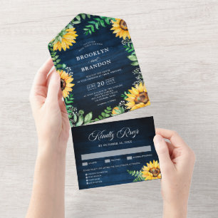Rustic Sunflower's Breath Navy Blue Wedding All In One Uitnodiging