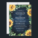 Rustic Sunflower's Breath Navy Blue Wedding Kaart<br><div class="desc">Uitnodiging voor het huwelijk in een bijtend land,  met felgele zonnebloesems en babybloesems en lijst voor de bloeding in de gipsappels met bladeren op een blauwachtige achtergrond. Ideaal voor een land-achtige zomer of herfst/herfstbruiloft.</div>