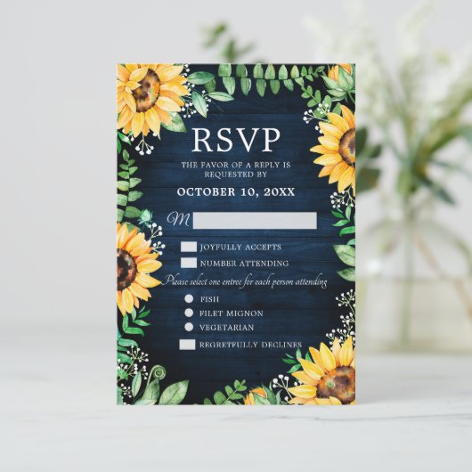 Rustic Sunflower's Breath Navy Blue Wedding RSVP Kaartje (Staand voorkant)