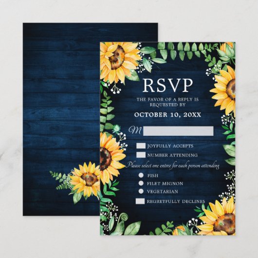 Rustic Sunflower's Breath Navy Blue Wedding RSVP Kaartje (Voorkant / Achterkant)