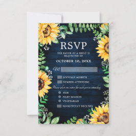 Rustic Sunflower's Breath Navy Blue Wedding RSVP Kaartje