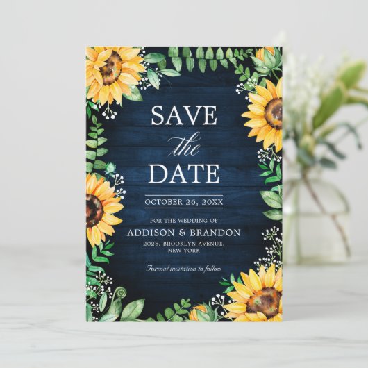 Rustic Sunflower's Breath Navy Blue Wedding Save The Date (Staand voorkant)