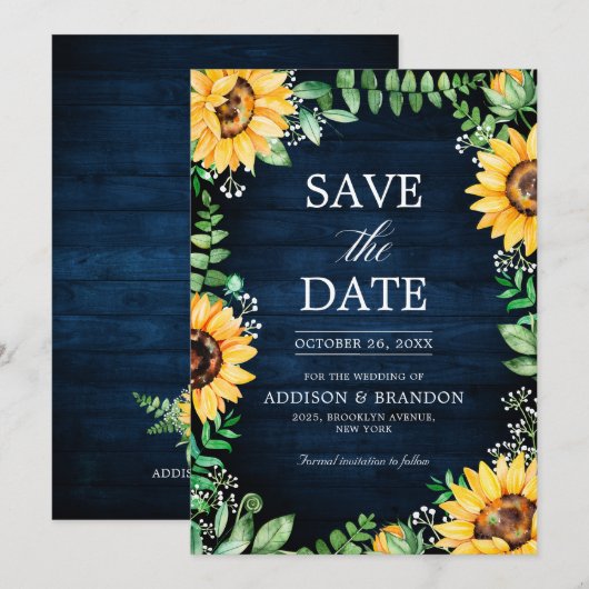 Rustic Sunflower's Breath Navy Blue Wedding Save The Date (Voorkant / Achterkant)