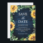 Rustic Sunflower's Breath Navy Blue Wedding Save The Date<br><div class="desc">Rustiek land opslaan de datum bekendmaking met felgele zonnebloesems en baby's adem / gypsophila bloemenblad lijst met bladeren op navy blauw schuur hout achtergrond. Perfect voor een zomerse of herfst- / herfstbruiloft in landelijke stijl. Vind meer bijpassende design en variaties in mijn "blissweddingpaperie" winkel. En voel je vrij om contact...</div>