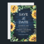 Rustic Sunflower's Breath Navy Blue Wedding Save The Date<br><div class="desc">Rustiek land opslaan de datum bekendmaking met felgele zonnebloesems en baby's adem / gypsophila bloemenblad lijst met bladeren op navy blauw schuur hout achtergrond. Perfect voor een zomerse of herfst- / herfstbruiloft in landelijke stijl. Vind meer bijpassende design en variaties in mijn "blissweddingpaperie" winkel. En voel je vrij om contact...</div>
