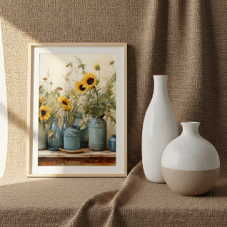 Rustic Sunflowers in Blue Vases Painting Poster
