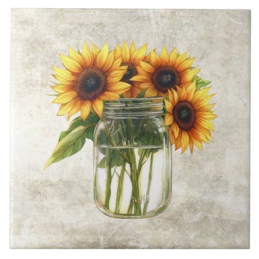 Rustic Sunflowers in Vintage Jar  Tegeltje (Voorkant)