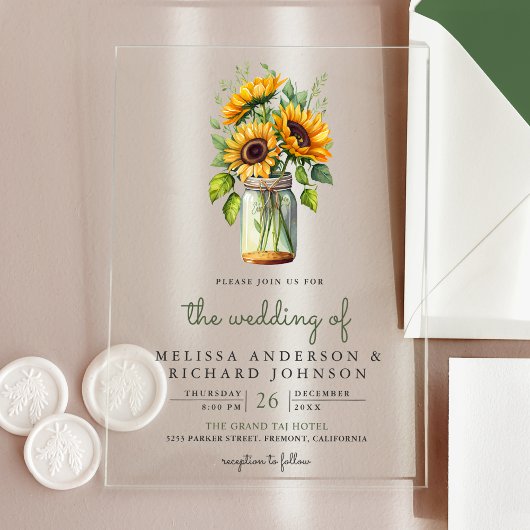 Rustic Sunflowers Mason Jar Wedding Acryl Uitnodigingen