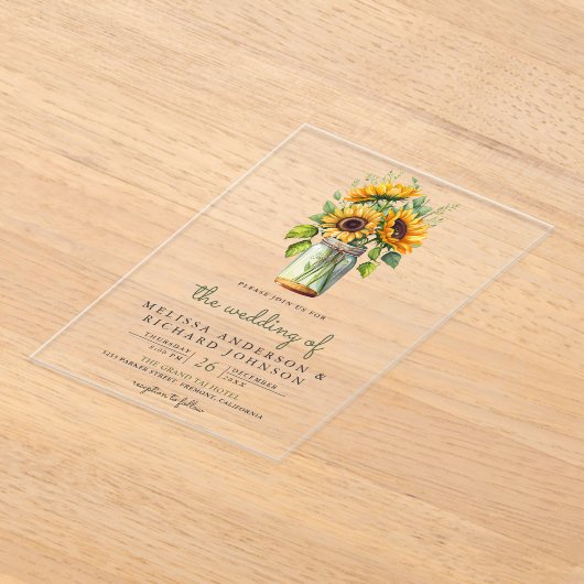 Rustic Sunflowers Mason Jar Wedding Acryl Uitnodigingen (Laagn)