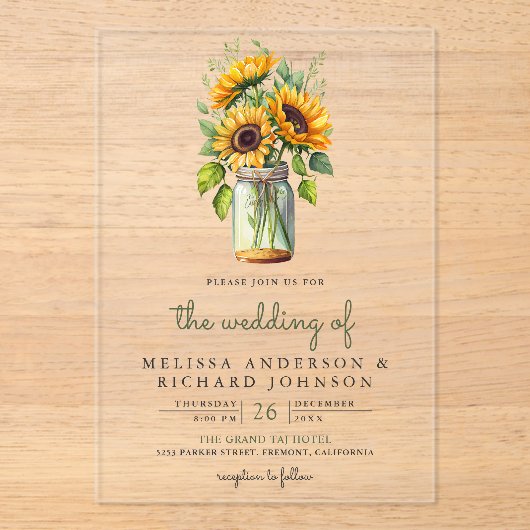 Rustic Sunflowers Mason Jar Wedding Acryl Uitnodigingen (Voorkant)