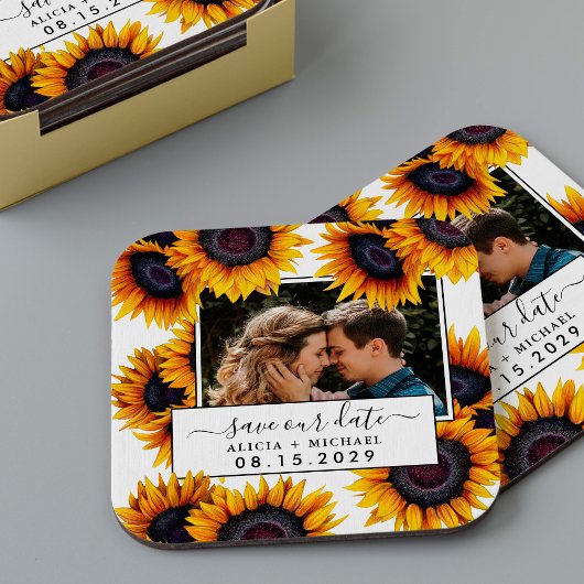 Rustic sunflowers photo wedding save the date kartonnen onderzetters