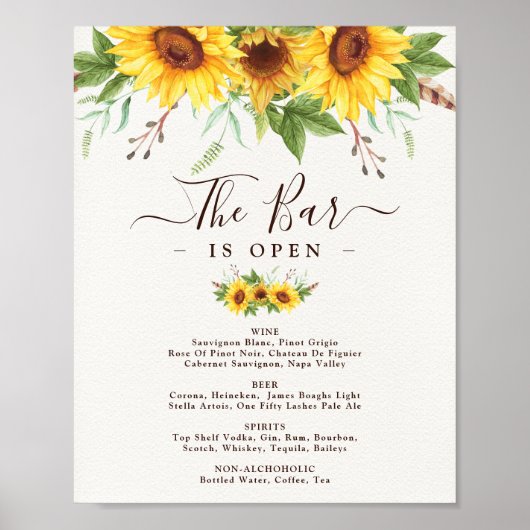 Rustic Sunflowers Wedding Bar Signature Drinks Poster (Voorkant)